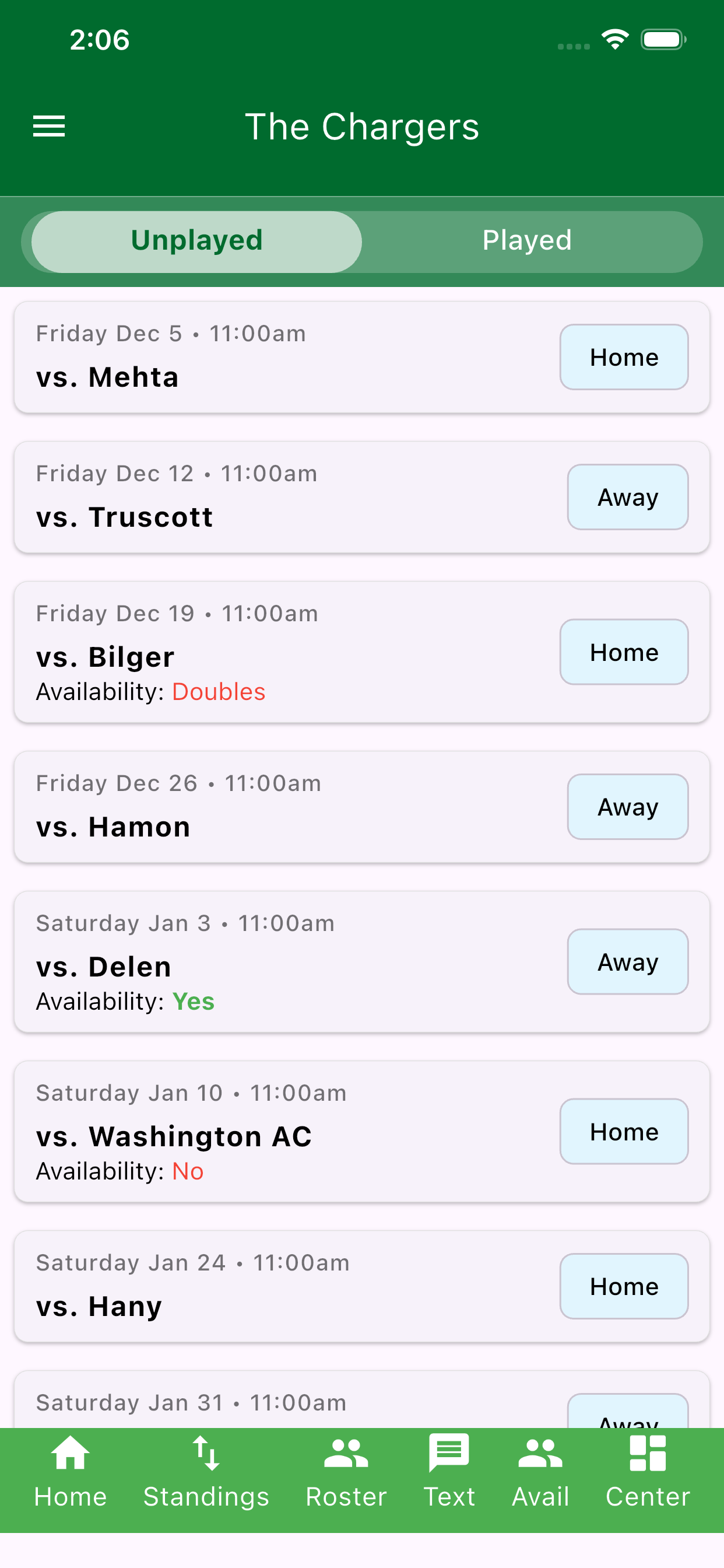 TopDog mobile app team schedule screen